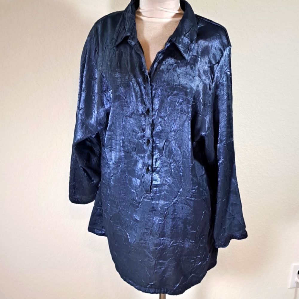 Democracy Weekend Women Blouse Slate Blue Plus Size 3X Crinkle Metallic Tunic